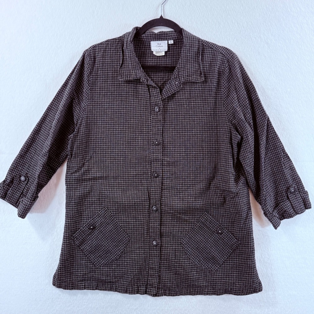 Hot Cotton Marc Ware Vintage Shirt Womens‎ Large Black Grid Linen Blend Twee
